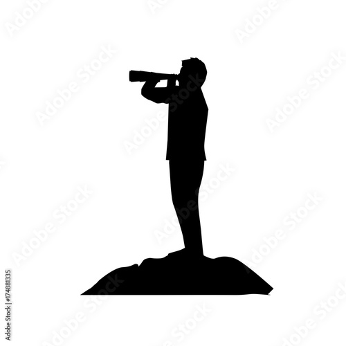  businessman holds spyglass on peak silhouette, silhouette design, isolated on white background.