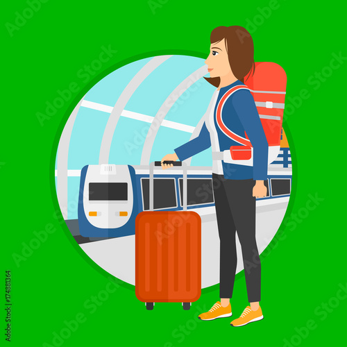 Woman standing at the train station on the background of arriving train. Young woman with suitcases waiting for a train. Vector flat design illustration in the circle isolated on background.