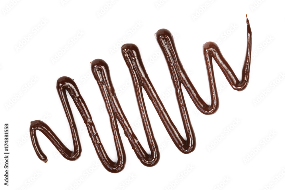 Hot melted chocolate pouring isolated on white background, top view Hot melted chocolate pouring isolated on white background, top view