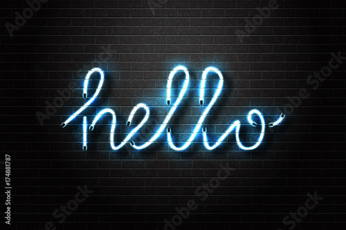 Vector realistic isolated neon sign of Hello lettering for decoration and covering on the wall background.