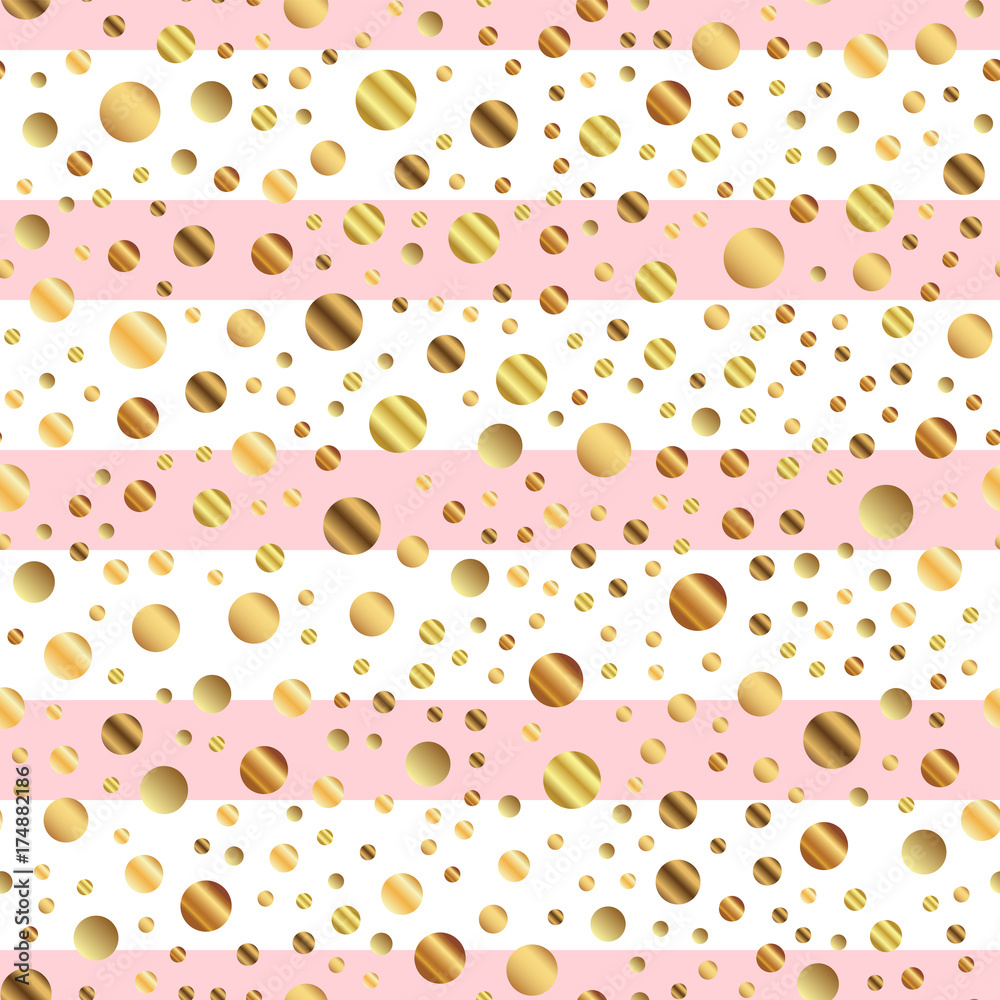 Golden dots seamless pattern on pink striped background. Delicate gradient golden dots endless random scattered confetti on pink striped background. Confetti fall chaotic decor.