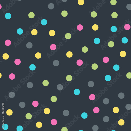 Colorful polka dots seamless pattern on black 10 background. Pleasing classic colorful polka dots textile pattern. Seamless scattered confetti fall chaotic decor. Abstract vector illustration.