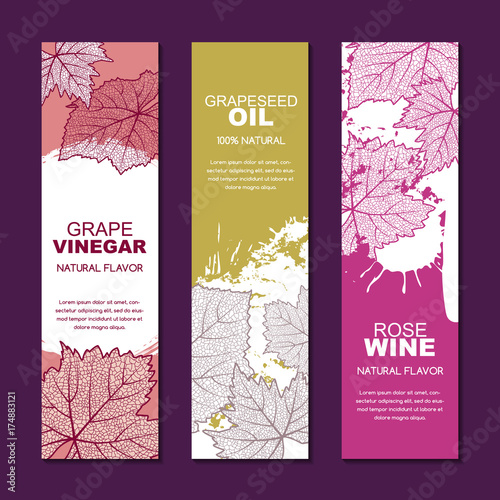 Set of vector backgrounds for label, package. Sketch hand drawn illustration of grape textured leaves on watercolor background. Concept for red, rose, white wine list, grapeseed oil or grape vinegar.