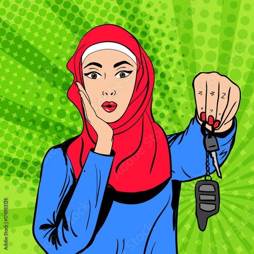 Vector pop art muslim woman with keys