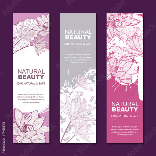 Fototapeta Naklejka Na Ścianę i Meble -  Set of vector backgrounds for label or package. Sketch hand drawn illustration of lotus flowers on watercolor background. Concept for natural herbal cosmetic, asian spa and massage.