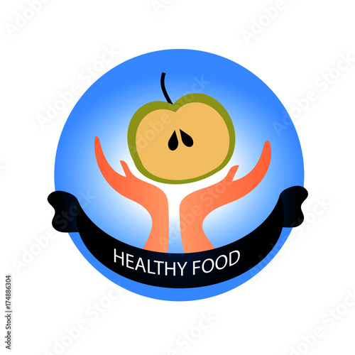The emblem is an apple. Apple in the hands. Vector illustration.