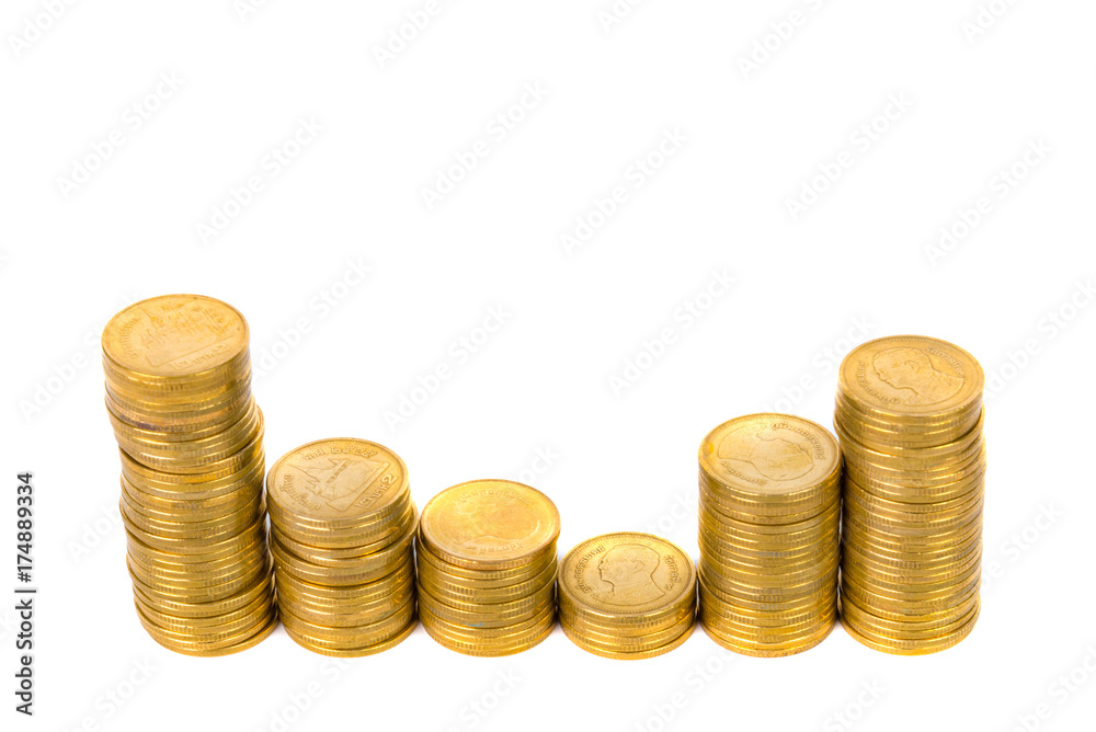 Columns of gold coins, piles of coins on white background Columns of gold coins, piles of coins on white background