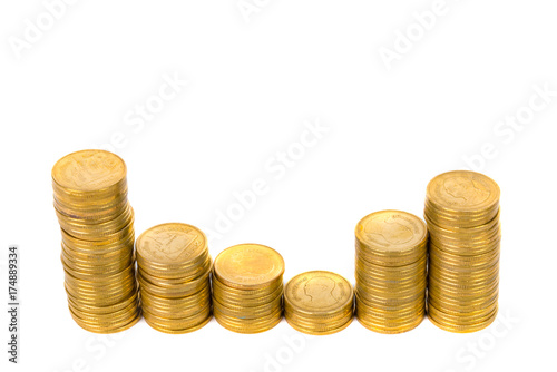 Columns of gold coins, piles of coins on white background