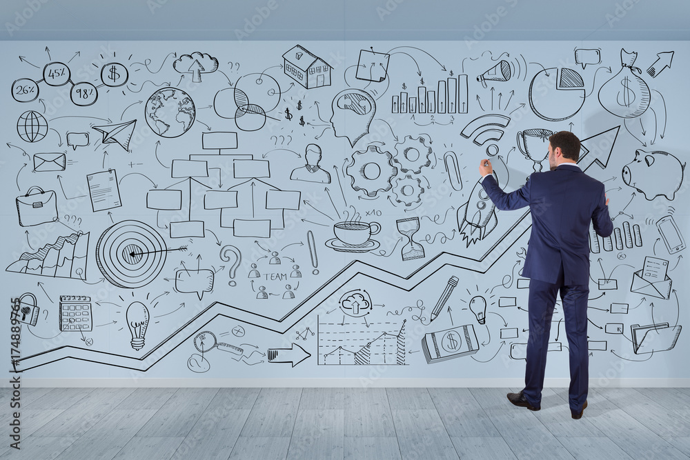 Businessman drawing a project sketch on a wall 3D rendering Businessman drawing a project sketch on a wall 3D rendering