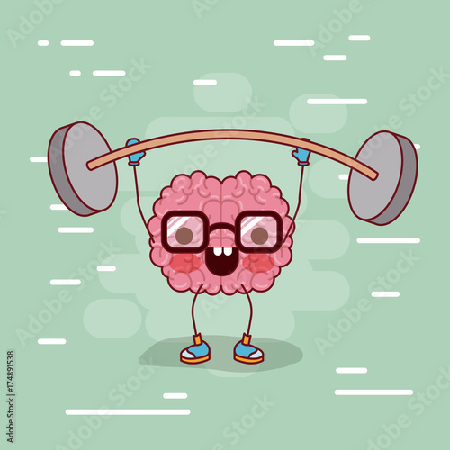 brain cartoon with glasses and weightlifting and background in light green