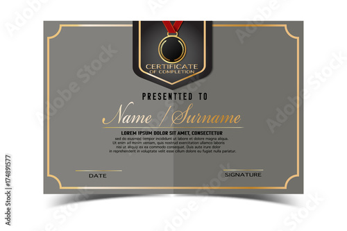 creative certificate  template for completion award   with golden shapes and badge.Clean and modern for diploma, official or different awards.Vector illustration