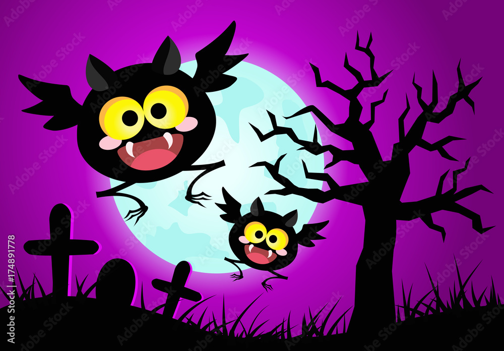 Halloween concept vector illustration.Happy bats with blue full moon background. 