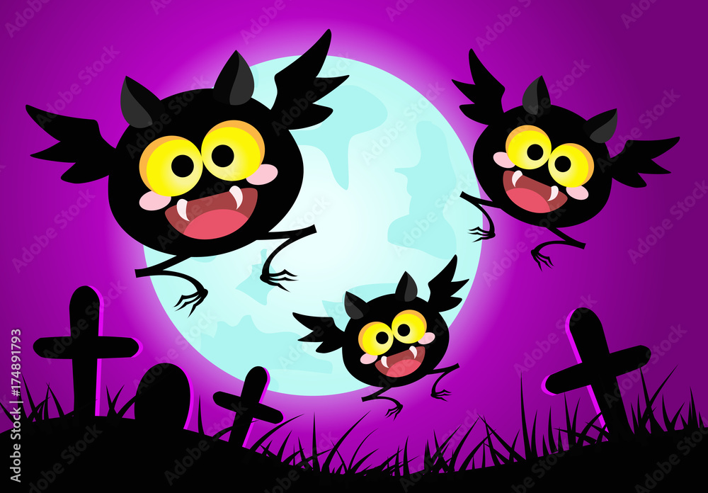 Halloween concept vector illustration.Happy bats with blue full moon background. 