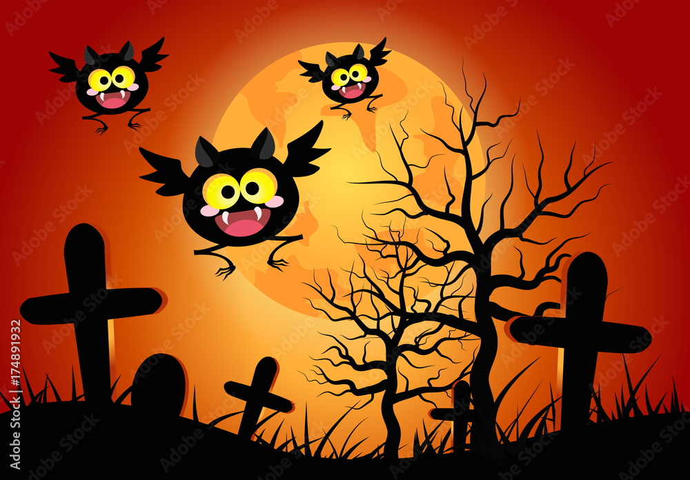 Happy bats with orange full moon background. halloween concept vector illustration.