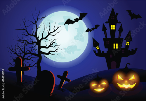 Halloween pumpkins and dark castle on blue Moon background.vector illustration.