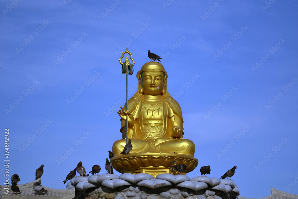 The golden Buddha statue, surrounded by birds. Pic was taken close to Haedong Yonggungsa in August 2017. The golden Buddha statue, surrounded by birds. Pic was taken close to Haedong Yonggungsa in August 2017.