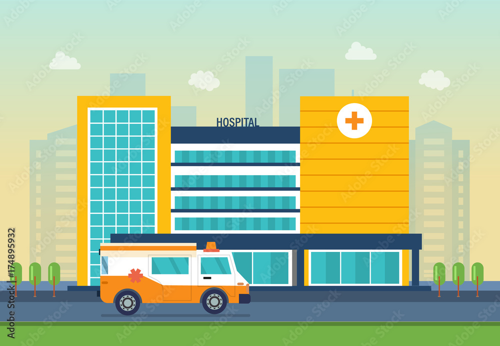 Naklejka premium Modern hospital building, healthcare system, medical facility with all departments.