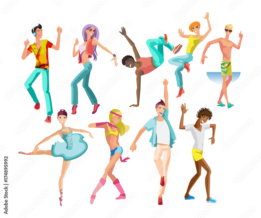 Dancing guys, girls, in modern styles, types, with different movements.