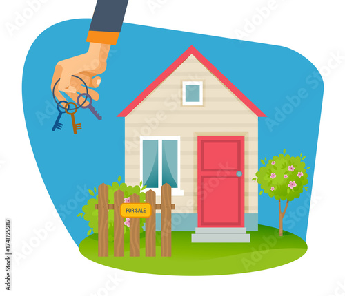 Real estate agency. Hand with keys on background selling house.