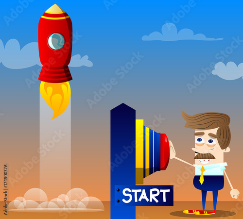 Happy smiling successful businessman pushing the start button. Start up business concept. Vector cartoon character illustration.