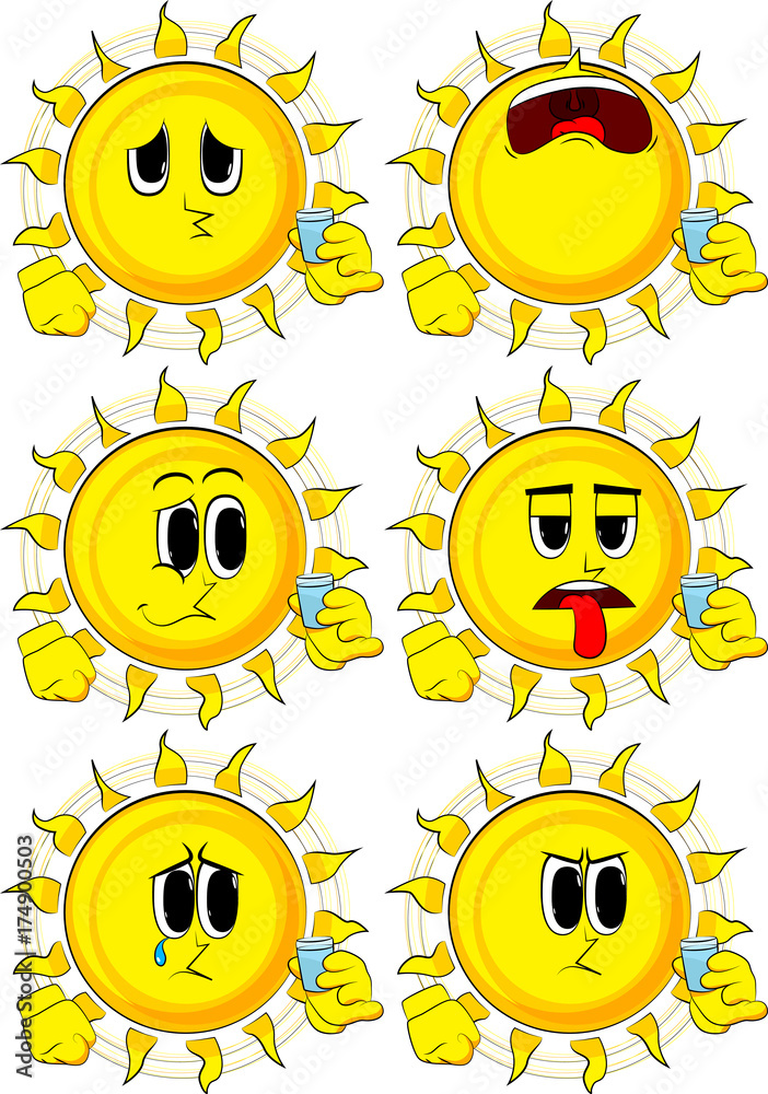Cartoon sun drinking brandy. Collection with sad faces. Expressions vector set.