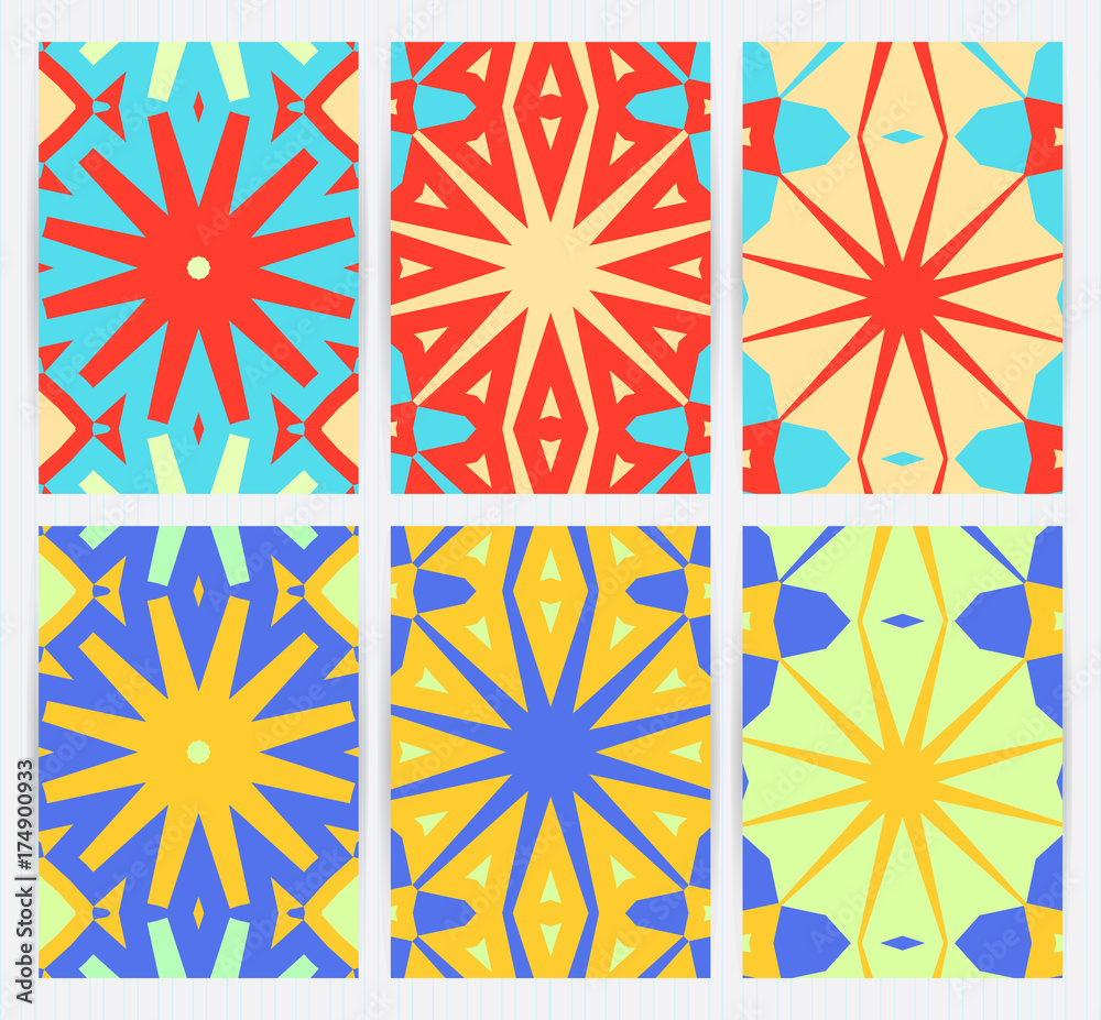 Covers with symmetric, round ethnic design. Bright colorful templates set. Vector backgrounds for restaurant menu, flyer, business card, brochure, banner, placard etc.