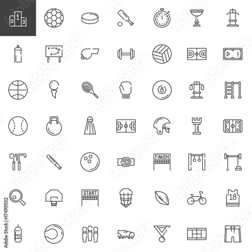 Sports equipment line icons set, outline vector symbol collection, linear style pictogram pack. Signs, logo illustration. Set includes icons as podium, football, dumbbell, volleyball, basketball