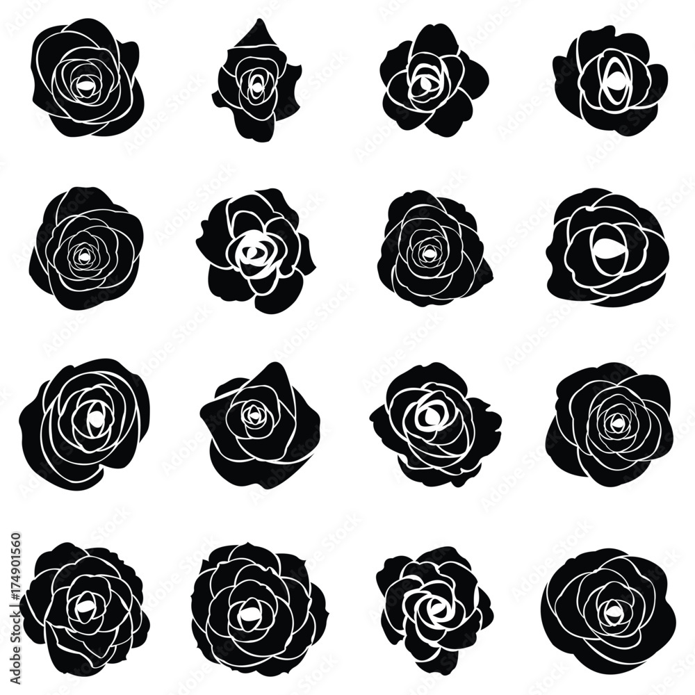 Black silhouette of rose - obrazy, fototapety, plakaty 