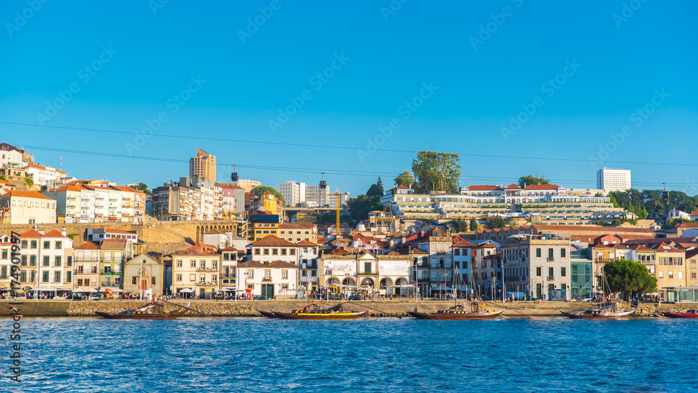     Porto, Portugal, panorama of the river Douro and the quays with wine cellars and the cable railway
