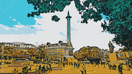 Vector of Trafalgar Square is a public square in the City of Westminster, Central London UK ( United kingdom, England ) in illustration