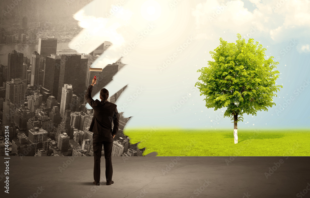 Salesman painting tree instead of city Salesman painting tree instead of city