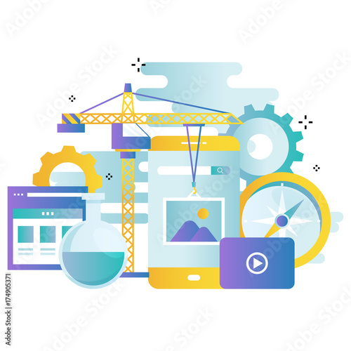 Application development gradient color business vector illustration design banner, software API prototyping and testing background. Smartphone interface building process, website coding concept
