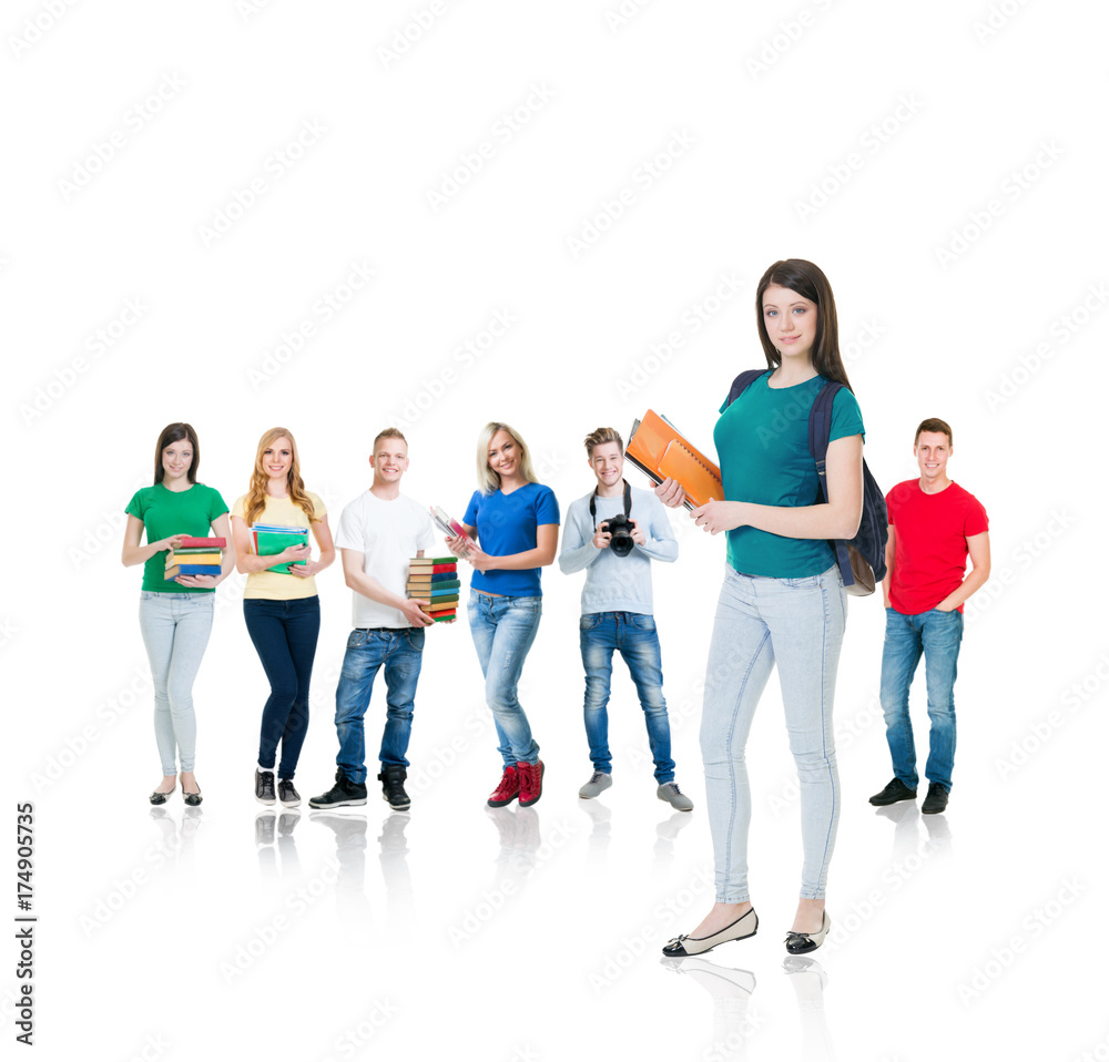 Obraz premium Large group of teenage students isolated on white background. Many different people standing together. School, education, college, university concept.