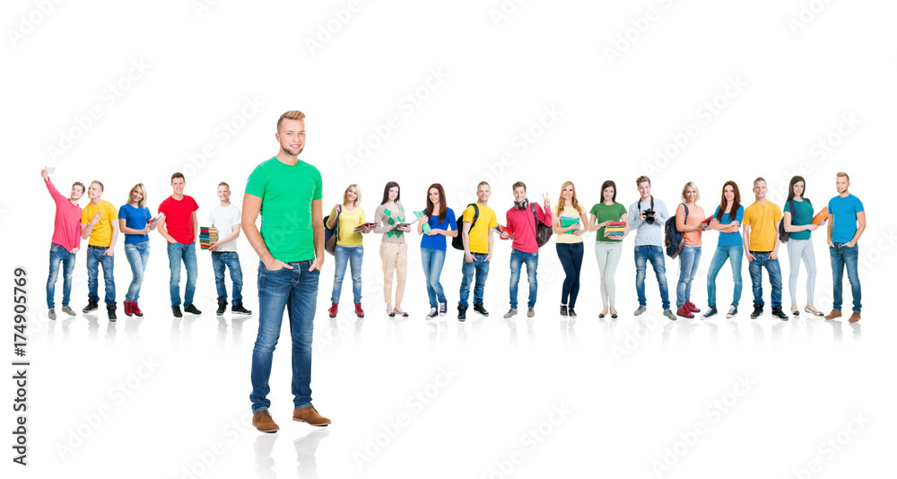 Large group of teenage students isolated on white background. Many different people standing together. School, education, college, university concept.