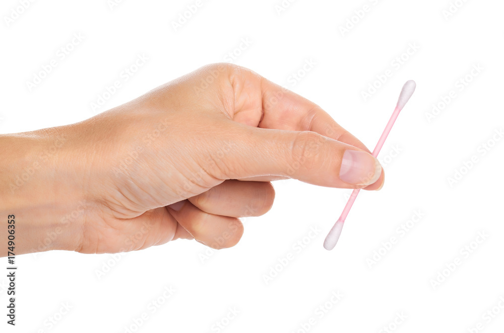pink ear stick in hand isolated on white background pink ear stick in hand isolated on white background