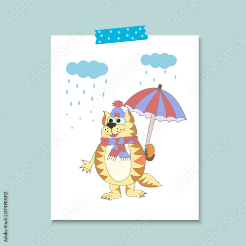 Cute cat with umbrella and scarf under rain.