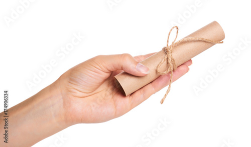 kraft paper scroll in hand isolated on white background