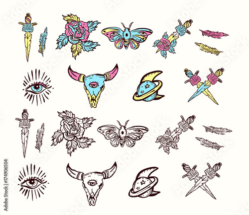 Set of esoteric color tattoo elements. Skull bull, rose, knife, butterfly, moon. Esoteric, sacred geometry tattoos, hand drawn vector