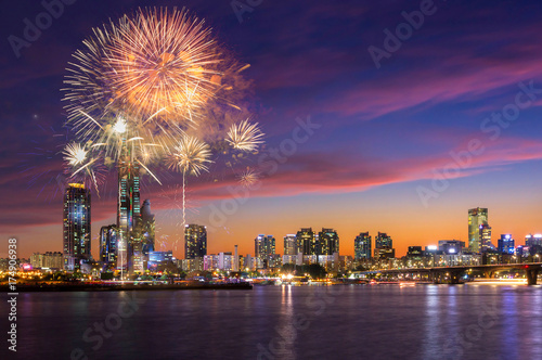Seoul Fireworks Festival in Night city at Yeouido, South Korea.