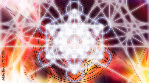 Photo Light merkaba on abstract color background. Sacred geometry.