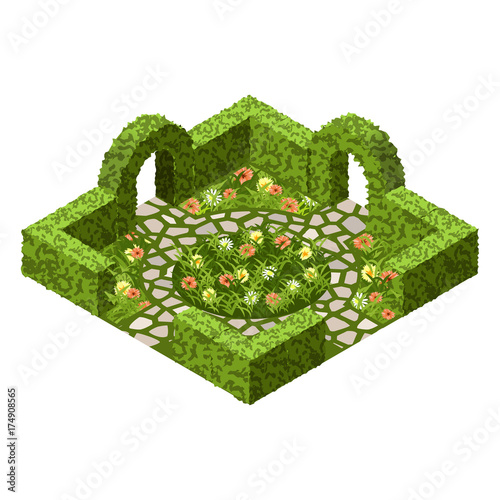 Garden vector asset with topiary bushes, flowers, grass and paved walk way
