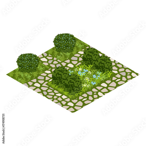 Garden vector asset with topiary bushes, flowers, grass and paved walk way