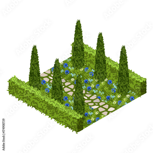 Garden vector asset with topiary bushes, flowers, grass and paved walk way