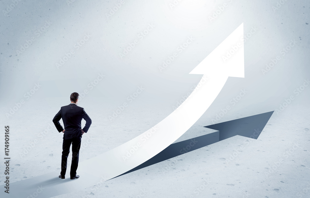 Arrow pointing up with standing salesman Arrow pointing up with standing salesman