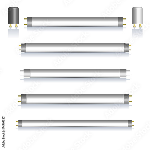 Set of fluorescent lamps with mirror reflection, vector illustration.