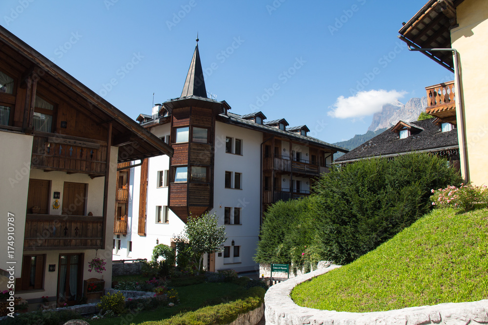 Typical buildings of Cortina d'Ampezzo. Dolomites, Italy.