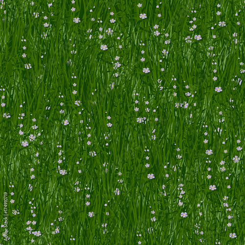 Seamless Background with Fresh Green Grass and Lilac Flowers, Tile Pattern for Your Design. Vector