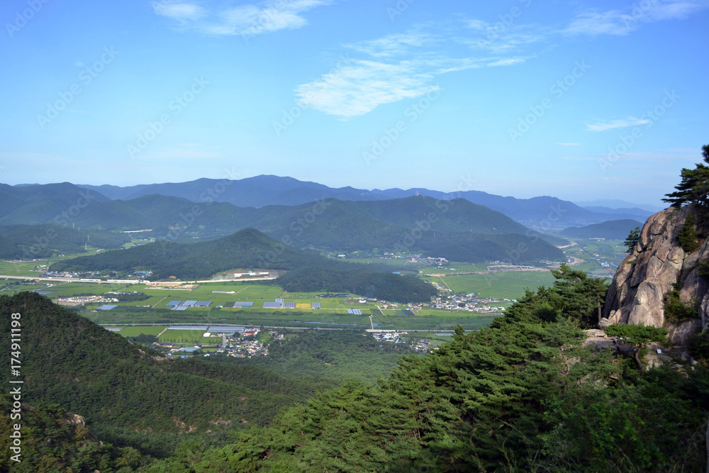 Fototapeta premium The view around Namsan Mountain. There's a carving of Buddha if you notice! Pic was taken in August 2017