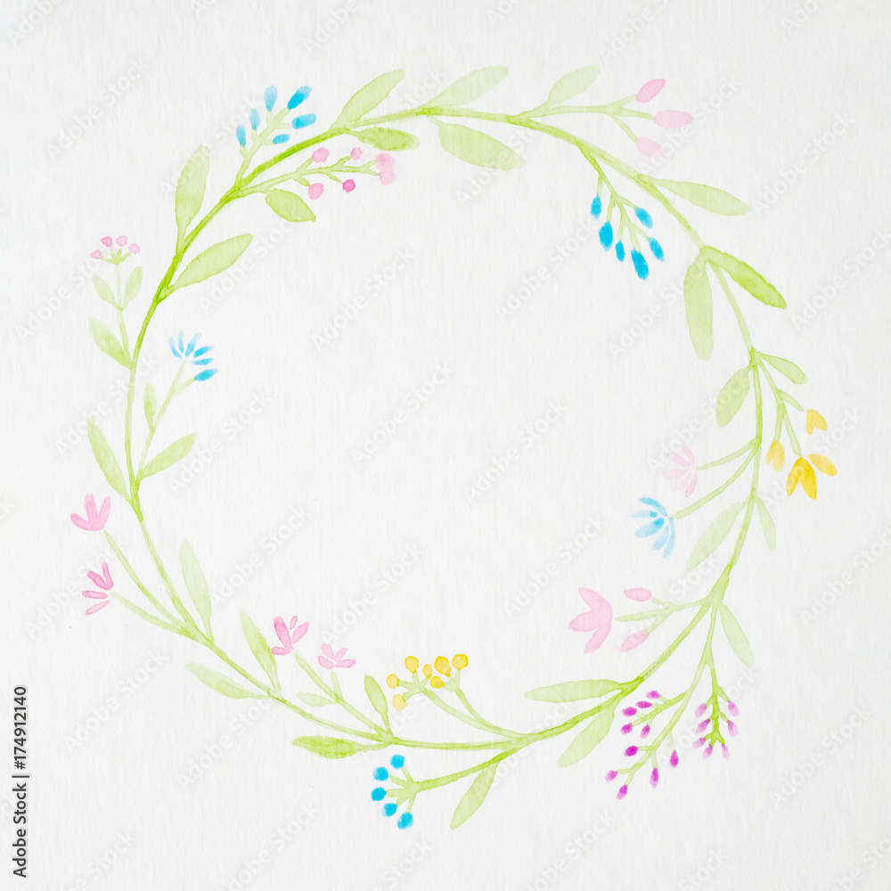 Hand drawing flowers in watercolor style on white paper background, flowers wreath with copy space for text, greeting card background, banner