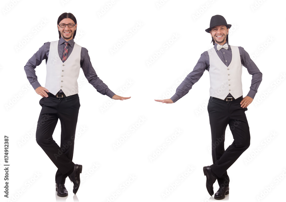 Young man in gray shirt and black hat isolated on white Young man in gray shirt and black hat isolated on white